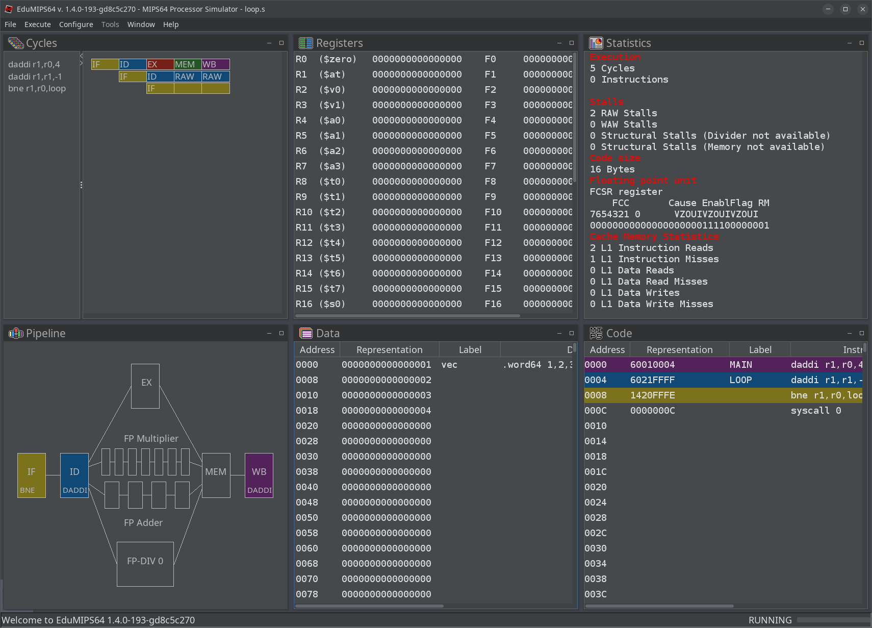 The EduMIPS64 Swing desktop version in dark mode showing cycles, registers, statistics, pipeline diagram, memory data and source code panels