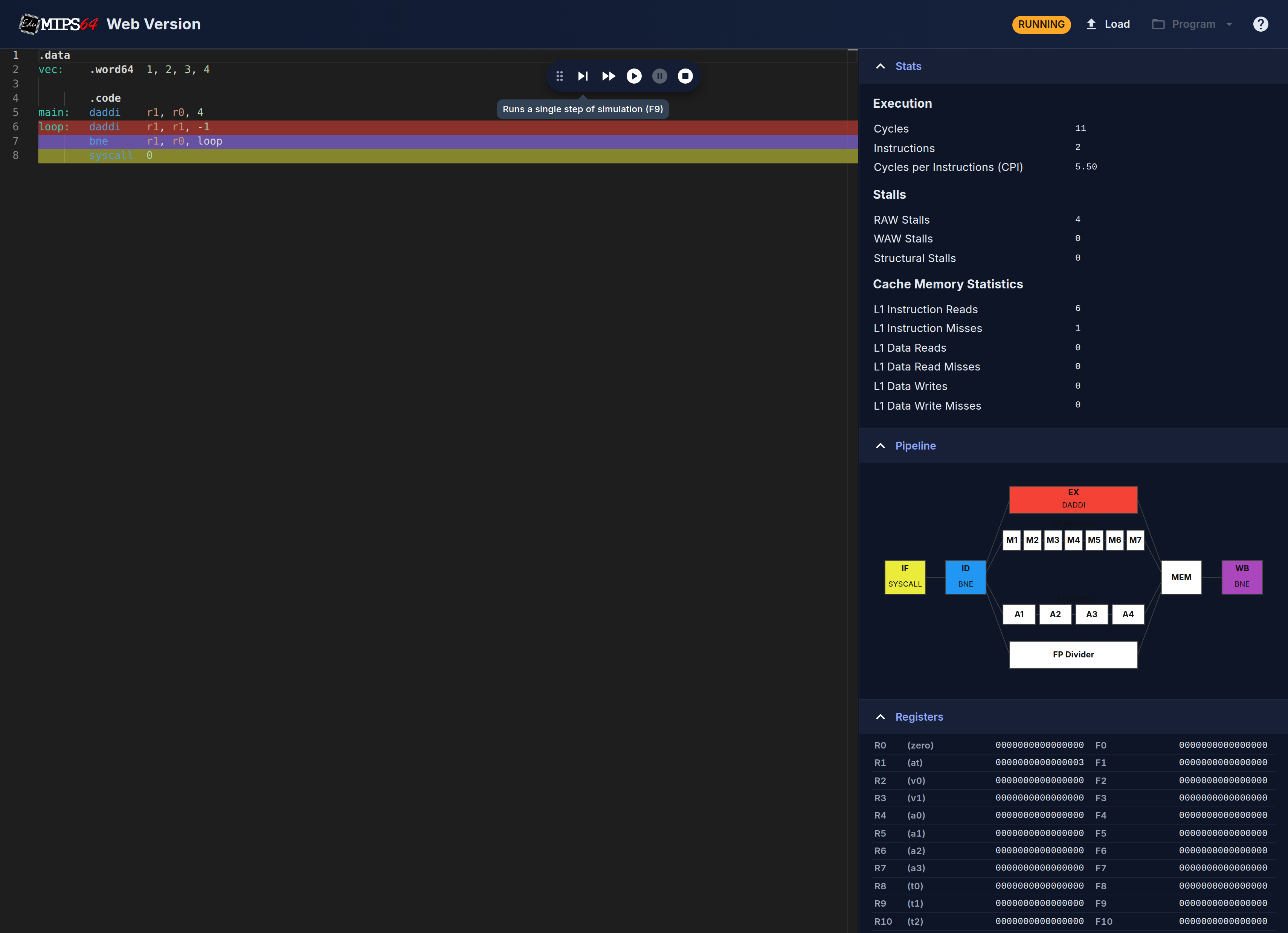 The EduMIPS64 web version running a program in dark mode: source code, execution statistics, and the CPU pipeline diagram